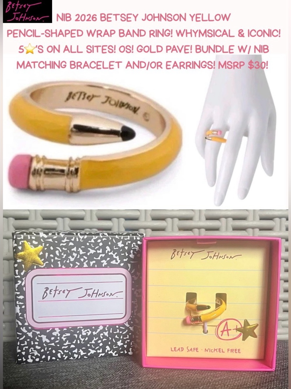 NWT BETSEY JOHNSON BEST IN CLASS YELLOW PENCIL WRAP RING! OS! ADORABLE! BUNDLE!